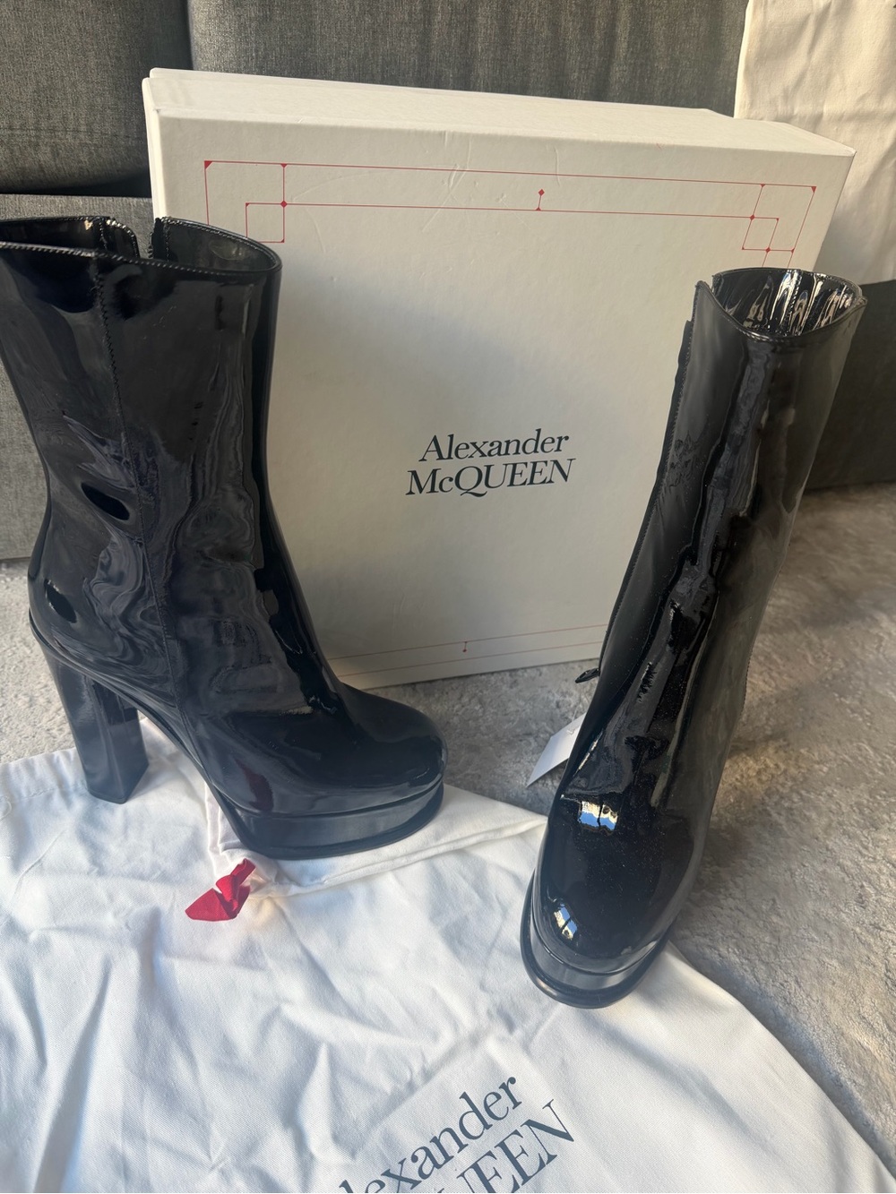 Alexander McQueen Black Patent Platform Knee-High Boots